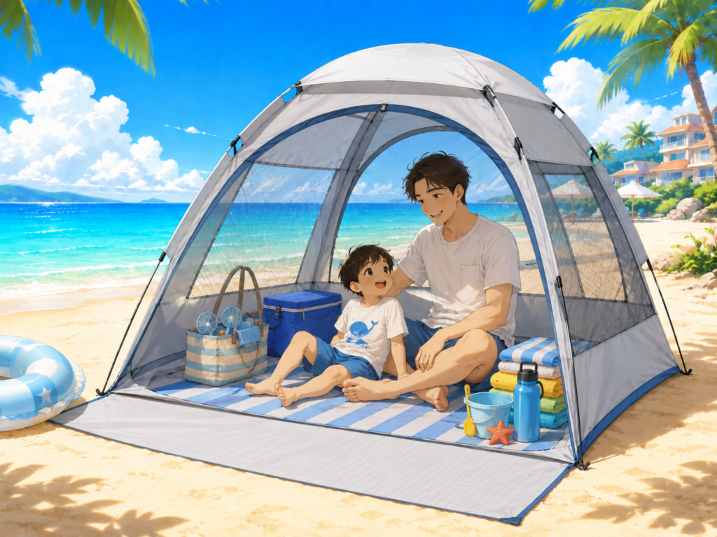 海・プールで使えるメッシュ窓付きテントでパパと子どもが休憩する子連れレジャーの日よけ対策イメージ