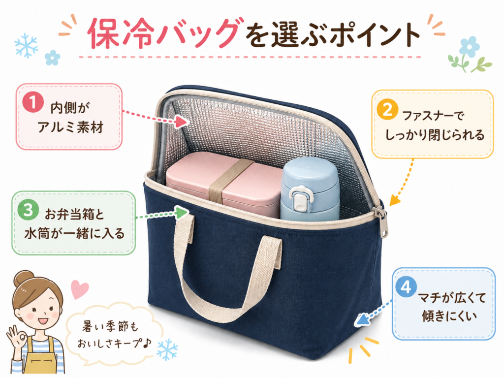 保冷バッグを選ぶポイントを紹介する画像。内側のアルミ素材、ファスナー、収納力、マチの広さなどを説明している。