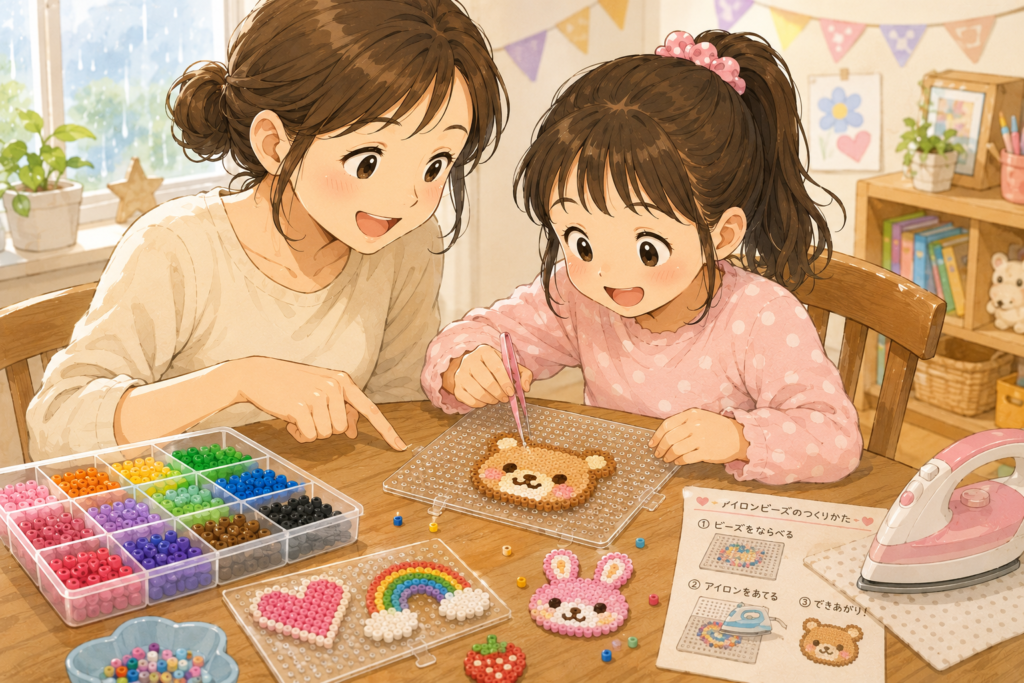 雨の日のおうち時間に、親子でアイロンビーズを楽しむ様子を描いたやさしいイラスト。小学生くらいの女の子がくまの形の作品を作り、テーブルにはカラフルなビーズやアイロン、作り方の紙が並んでいる。