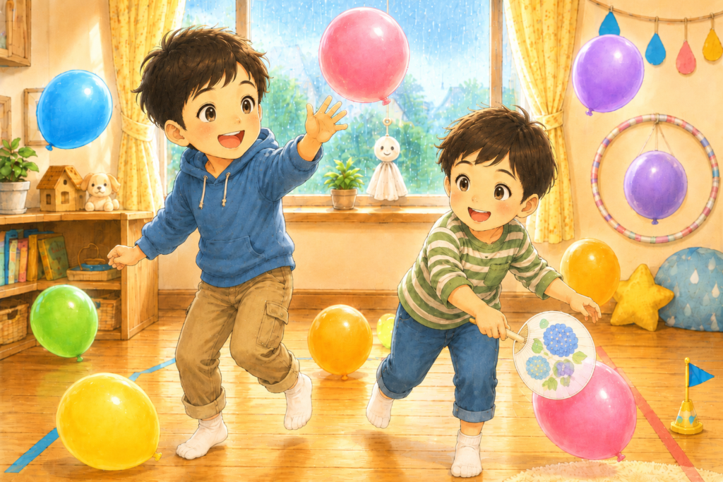 雨の日に男の子の兄弟が室内で風船バレーやうちわを使った風船遊びを楽しむイラスト