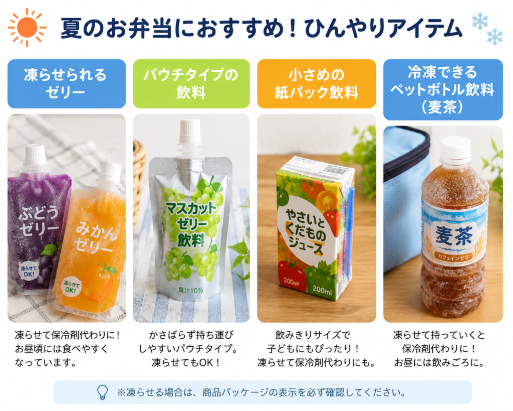 夏のお弁当におすすめのひんやりアイテムを紹介する画像。凍らせられるゼリー、パウチタイプの飲料、小さめの紙パック飲料、冷凍できる麦茶のペットボトル飲料を掲載。