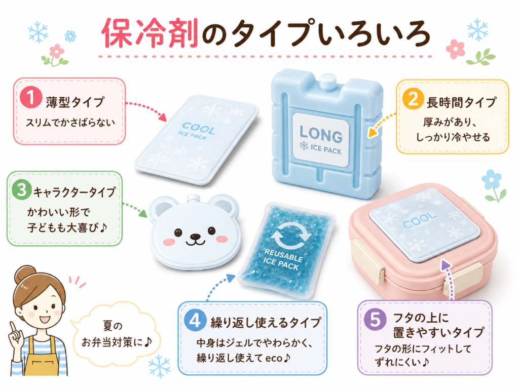 夏のお弁当対策に使える保冷剤の種類を紹介する画像。薄型タイプ、長時間タイプ、キャラクタータイプ、繰り返し使えるタイプ、フタの上に置きやすいタイプを掲載。