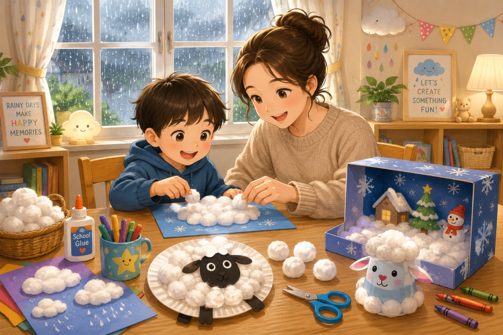 雨の日にママと息子が手芸用の綿を使って雲や羊や雪景色の工作を楽しむイラスト