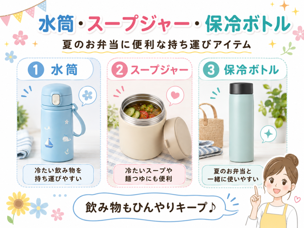 夏のお弁当に便利な持ち運びアイテムとして、水筒・スープジャー・保冷ボトルを紹介する画像。冷たい飲み物やスープを持ち運びやすいポイントを説明している。