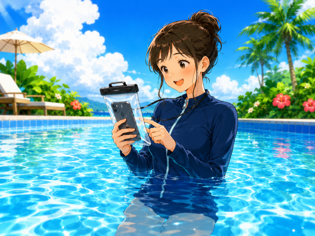 プールに入りながら防水スマホケースを手に持つ女性のイラスト。青空と南国風の背景で、海やプールで使える便利グッズを紹介している雰囲気。