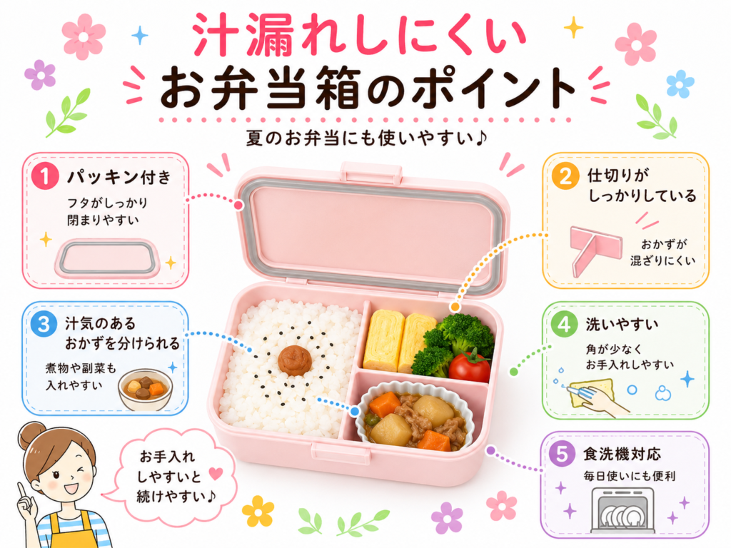 汁漏れしにくいお弁当箱の選び方を紹介する画像。パッキン付き、仕切りがしっかりしている、汁気のあるおかずを分けられる、洗いやすい、食洗機対応のポイントを説明している。