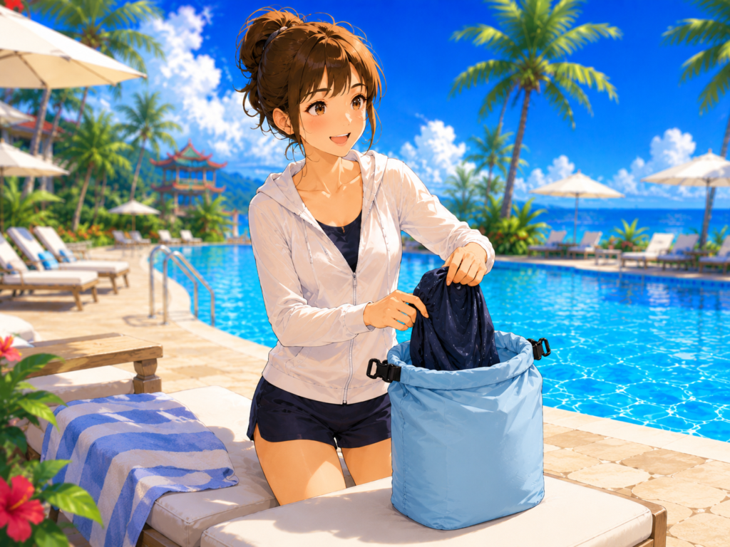 リゾートプールのそばで、防水バッグに濡れた衣類を入れている女性のイラスト。海やプールで使える防水バッグ・濡れ物入れを紹介する夏らしい雰囲気。