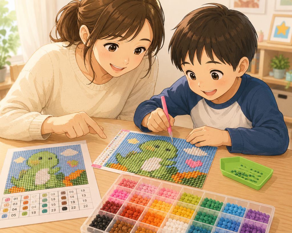 雨の日のおうち時間に、親子でビーズアートを楽しむ様子を描いたやさしいイラスト。小学生くらいの男の子がカラフルなビーズを並べて、恐竜のダイヤモンドアート作品を作っている。