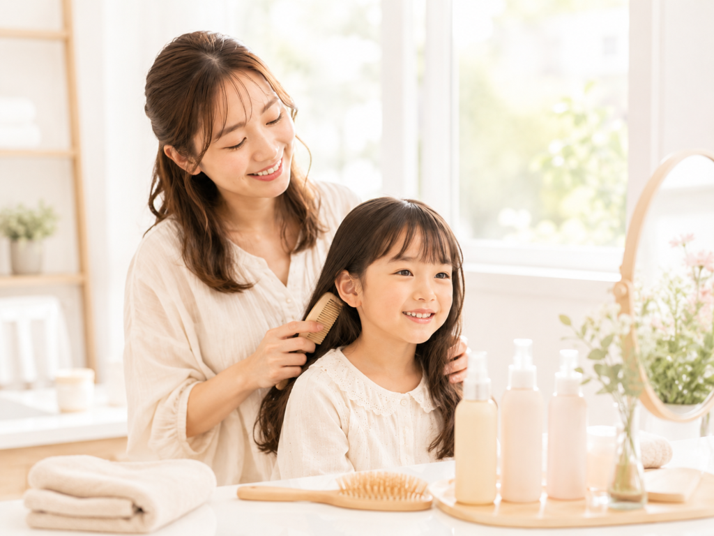 母親が子どもの髪をやさしくブラッシングしている、親子で使いやすいヘアケアのイメージ画像