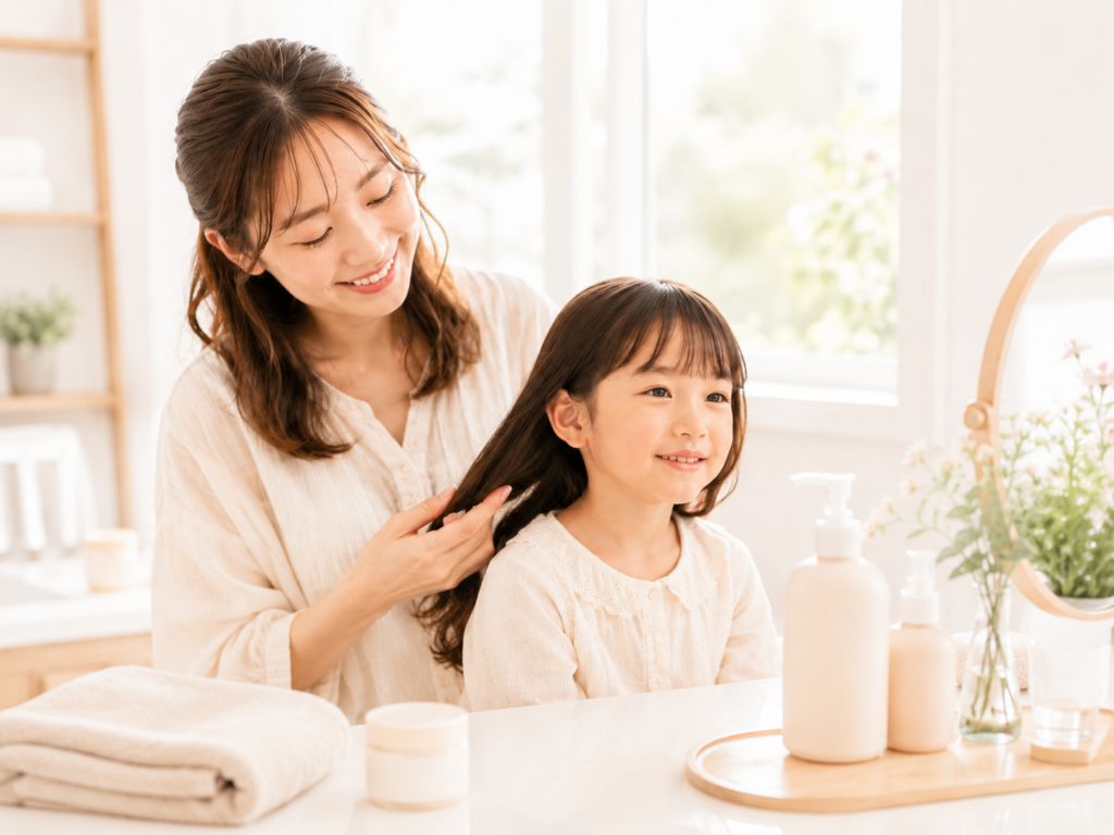 母親が子どもの毛先をやさしく整えている、親子で使えるヘアケア商品の本文用イメージ画像