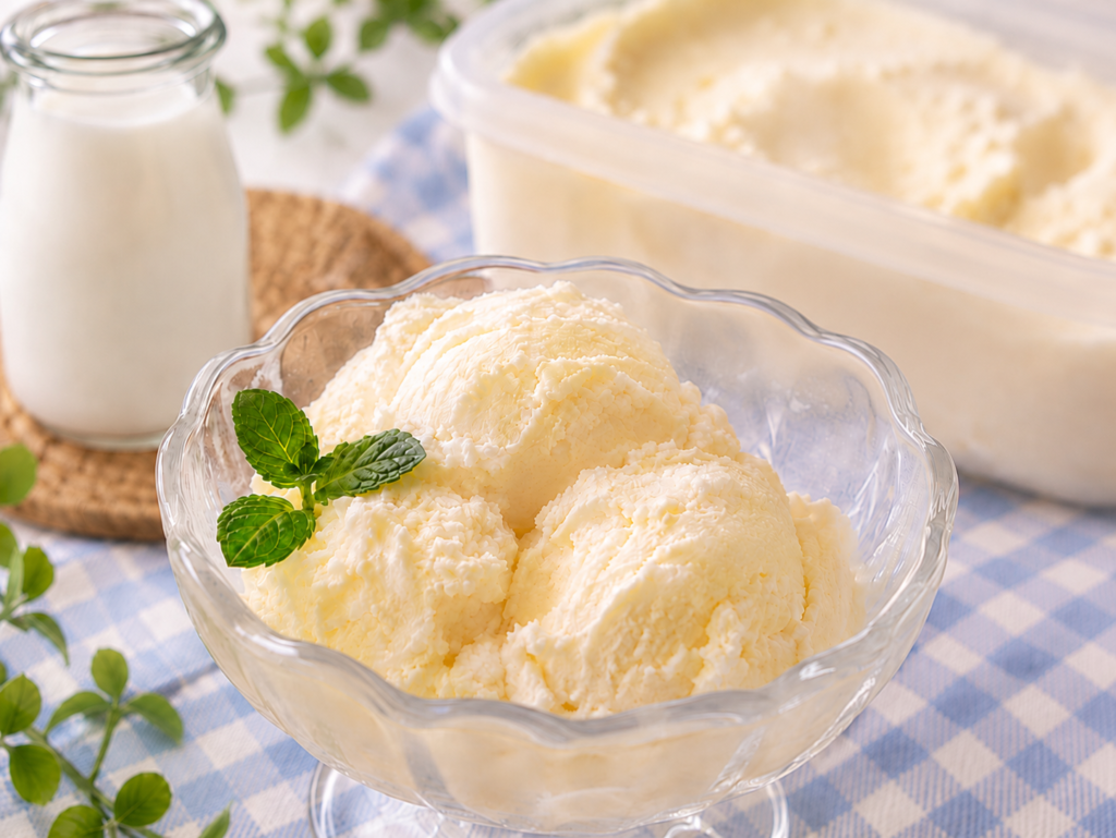 牛乳と生クリームで作った、夏休みに子どもと楽しめるやさしい甘さの手作りミルクアイス。