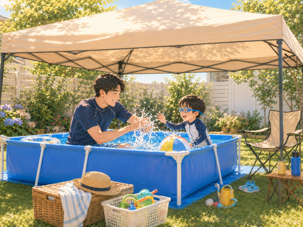 夏休みの晴れた日に、庭の大きなお庭用プールをタープテントの日陰に設置し、親子で水遊びを楽しんでいる様子。