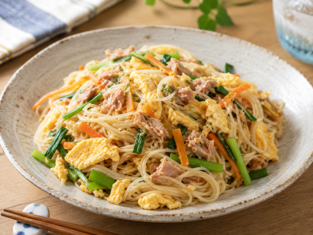 そうめんをツナ、卵、にんじん、ニラなどの具材と一緒に炒めた、彩り豊かなそうめんチャンプルー