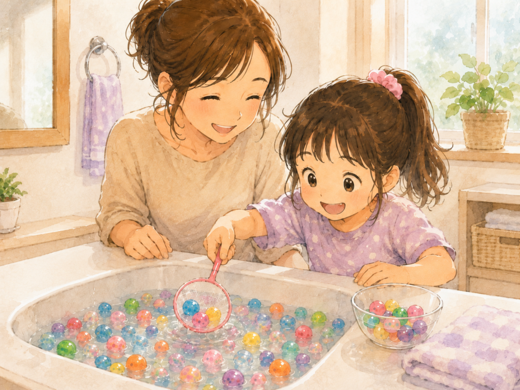 洗面台に浮かべたカラフルなスーパーボールを、女の子がポイですくって遊び、母親が笑顔で見守っている様子。
