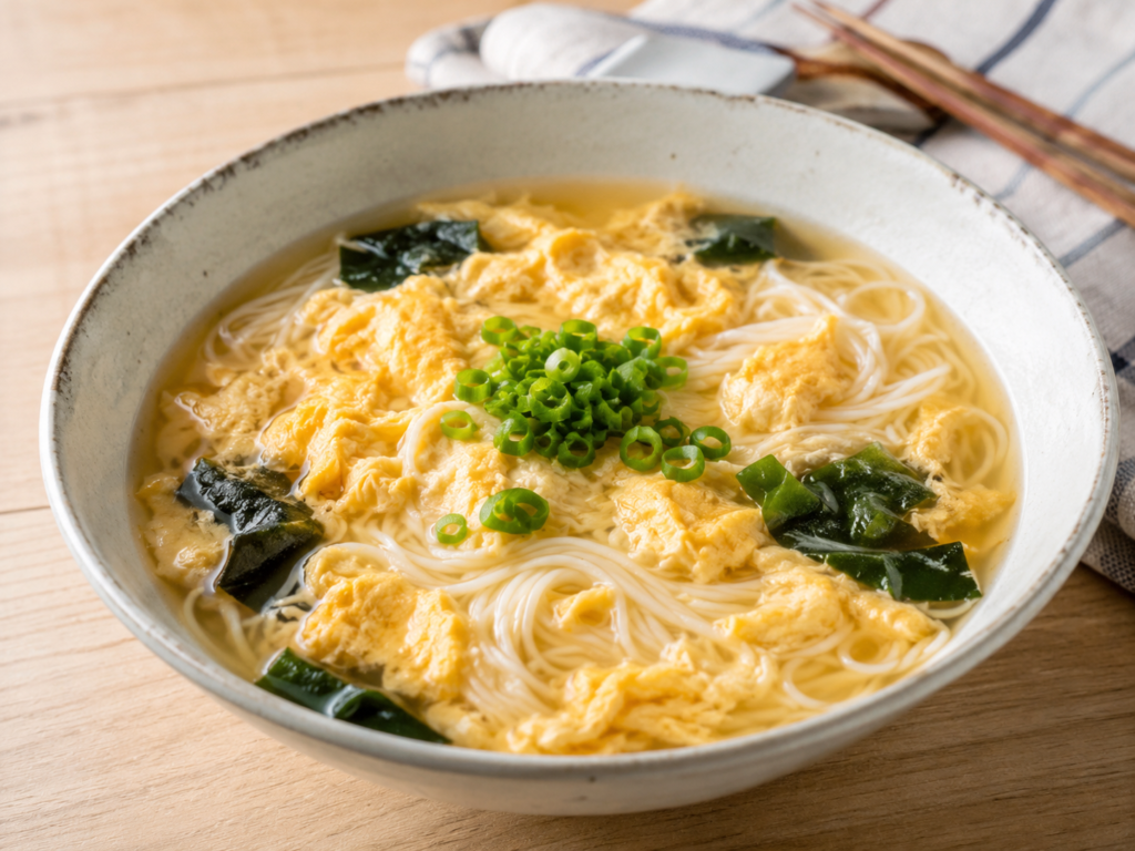 温かいだしのそうめんに、ふわふわの卵、わかめ、小ねぎをのせた優しい味わいのふわたまにゅうめん