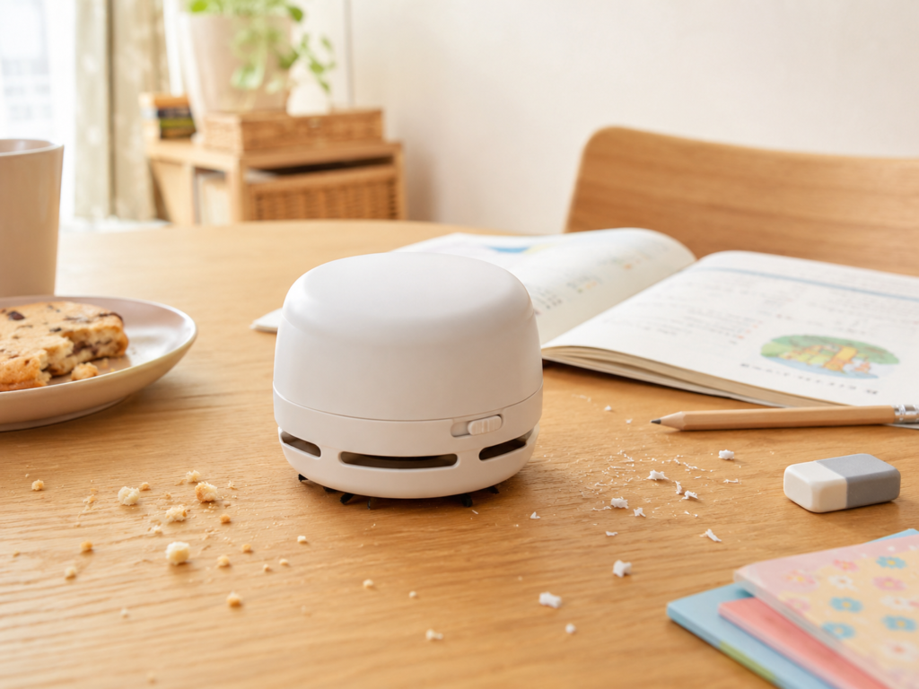 食べこぼしや消しゴムのカスが散らばったテーブルを掃除する白い卓上クリーナー