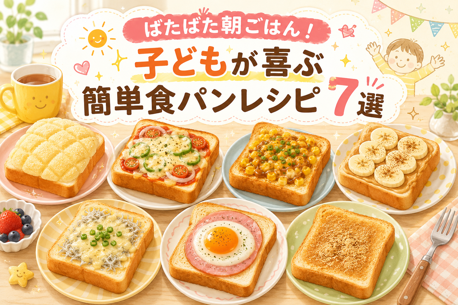 子どもが喜ぶ簡単食パンレシピ7選を、メロンパン風・ピザ・コーン・バナナ・しらす・ハムたまご・きなこトーストで紹介するアイキャッチ画像