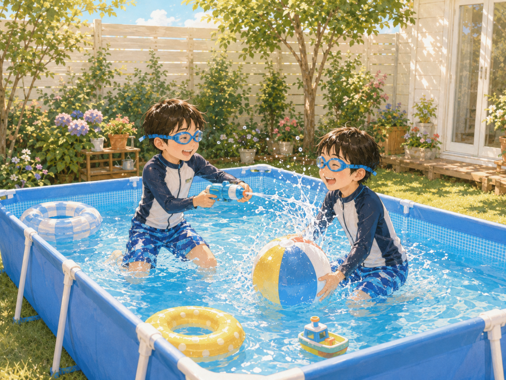 夏休みの晴れた日に、自宅の庭に設置した大きなお庭用プールで水鉄砲やビーチボールを使って楽しそうに遊ぶ2人の子ども。