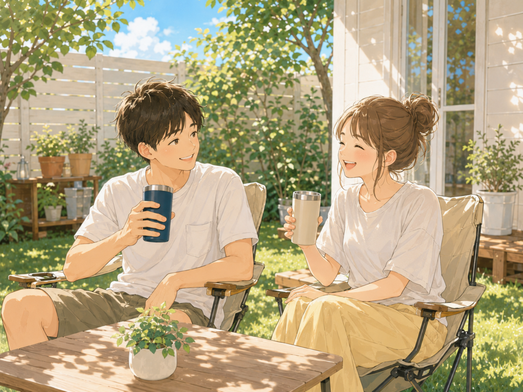 夏の庭で、冷たい飲み物を入れたタンブラーを手に、夫婦でくつろぎながら楽しい時間を過ごしている様子。