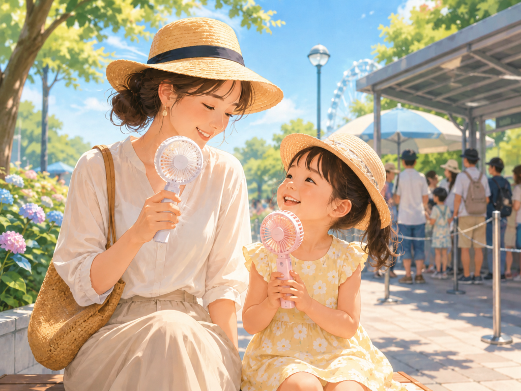 夏の公園でハンディファンを使いながら休憩する母親と子ども。暑い日の外出や待ち時間に便利なハンディファンを楽しそうに使っている様子。