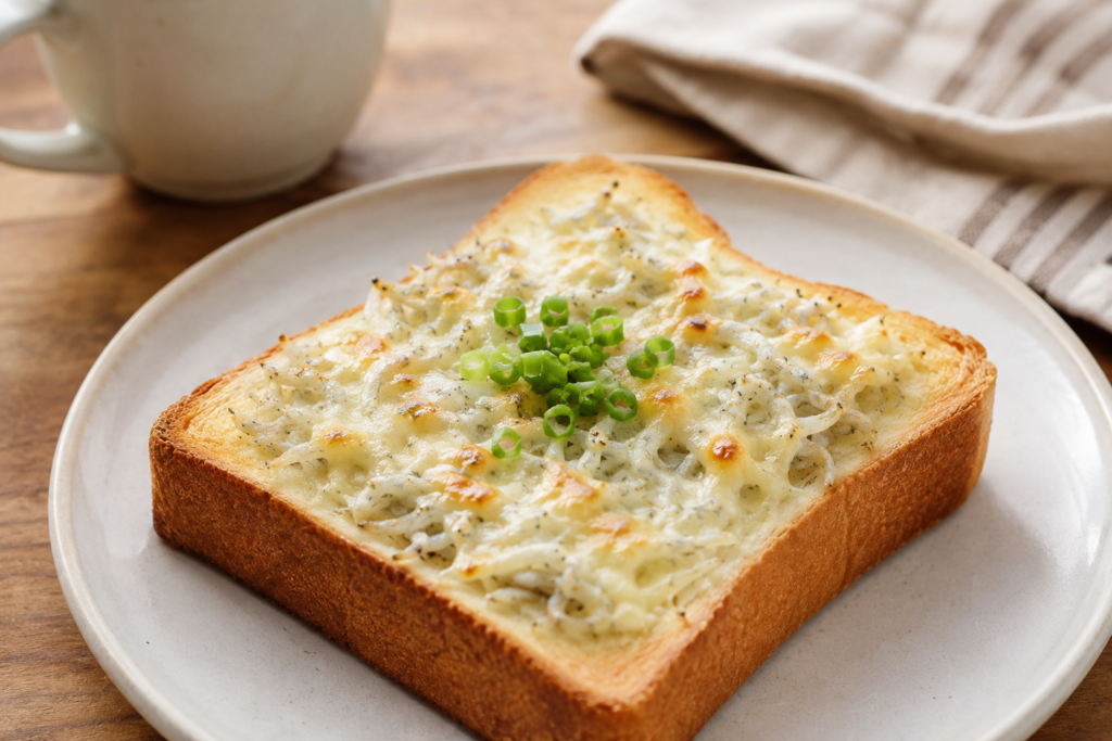 しらすとチーズをのせて香ばしく焼き、小ねぎを添えたしらすチーズトースト