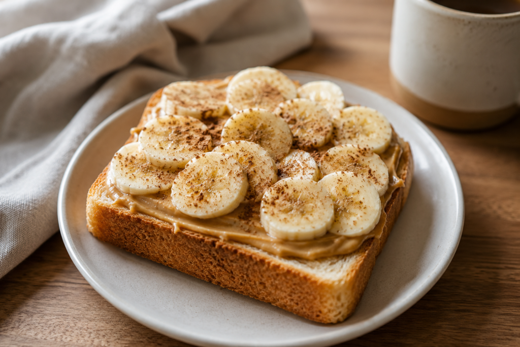 ピーナッツバターを塗った食パンに、輪切りのバナナとシナモンをのせたピーナッツバナナパン