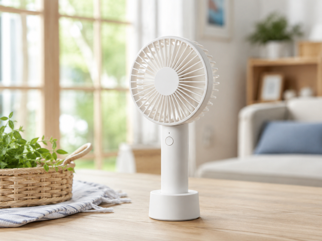 明るい室内のテーブルに置かれた、白い充電式ハンディファン