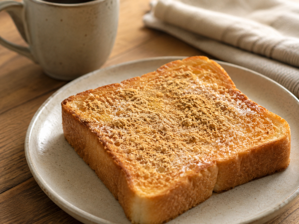 バターを塗った食パンに、きなこと砂糖をふりかけた香ばしいきなこシュガートースト