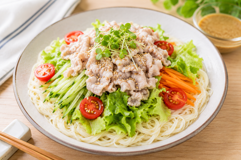 冷たいそうめんに豚しゃぶ、レタス、きゅうり、にんじん、ミニトマトをたっぷりのせた豚しゃぶサラダそうめん