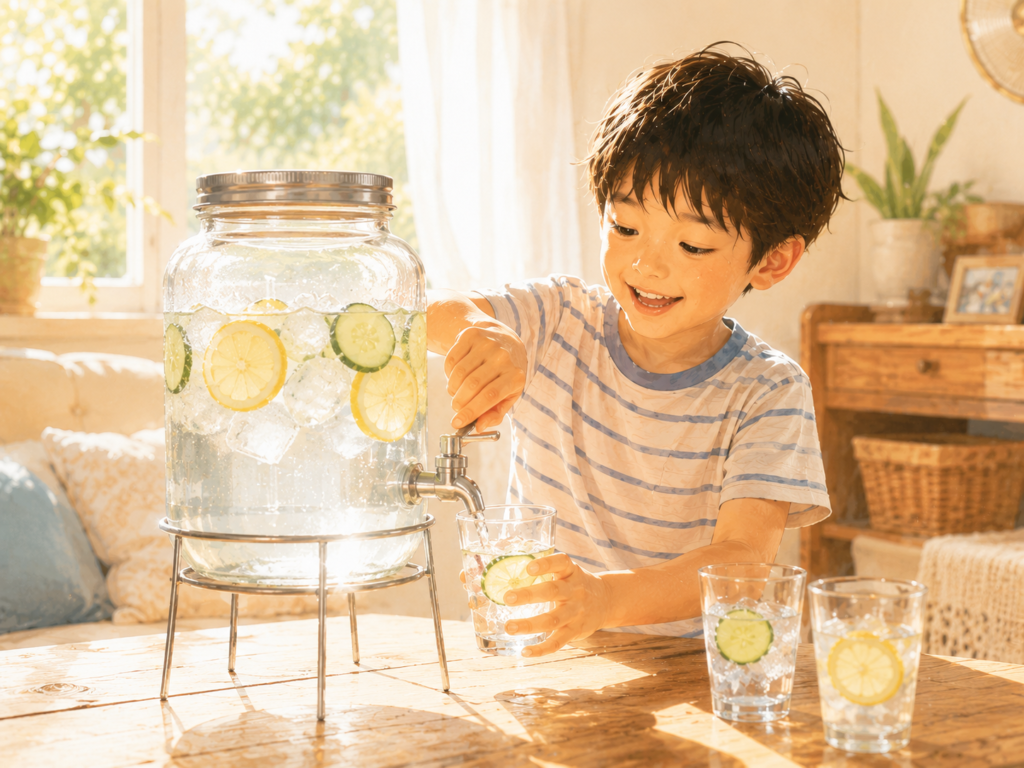 夏の明るい部屋で、レモンやきゅうりを入れた冷たいドリンクをウォータージャグから自分で注ぐ子どもの様子。