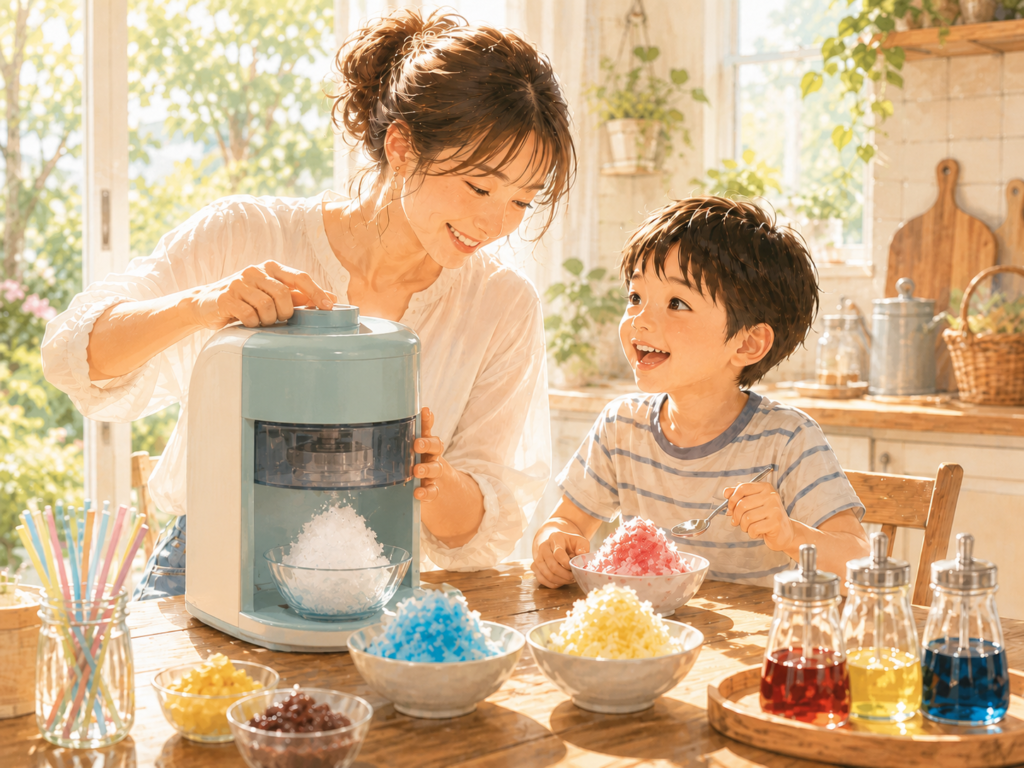 夏休みのおうち時間に、親子で電動かき氷機を使って色とりどりのかき氷を作り、楽しんでいる様子。