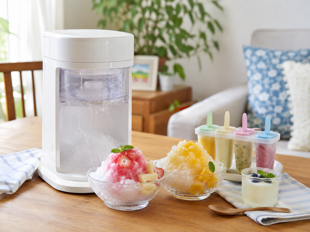 かき氷機で作ったいちご味とマンゴー味のかき氷、手作りアイス、ヨーグルトを並べた夏のおやつ