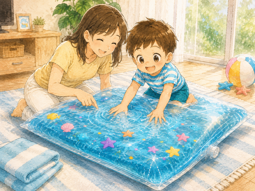 室内で布団圧縮袋のウォーターマットを楽しむ親子。水を入れた透明な圧縮袋を子どもが手で押し、母親と一緒にひんやりした感触遊びを楽しんでいる様子。