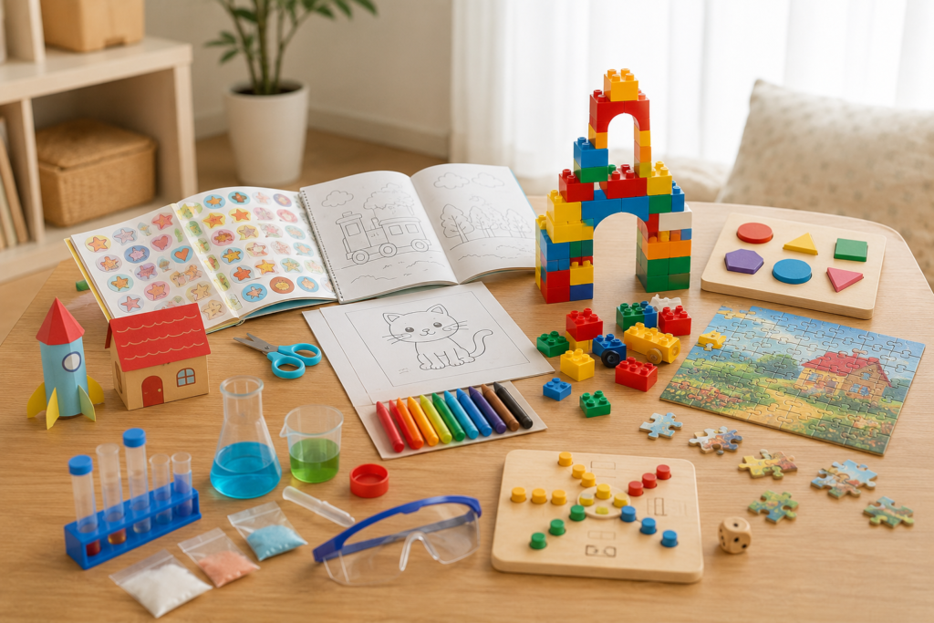 ブロック、ぬりえ、シールブック、パズル、工作、実験キットなどを並べた子ども向けのおうち遊びグッズ