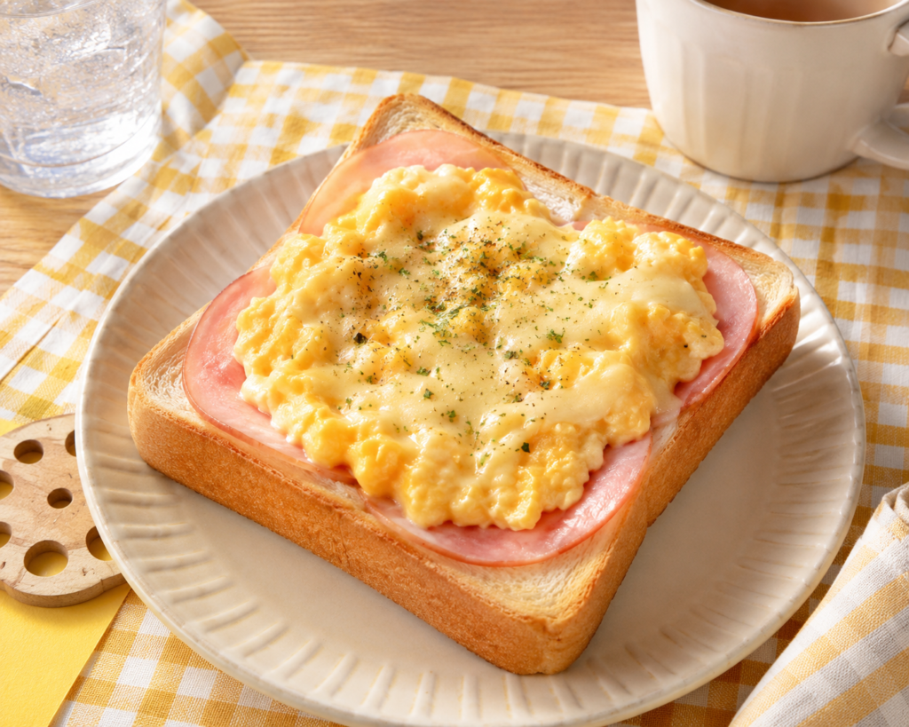 食パンにハムとたまご、チーズをのせて焼いた、ボリュームのあるハムたまごトースト