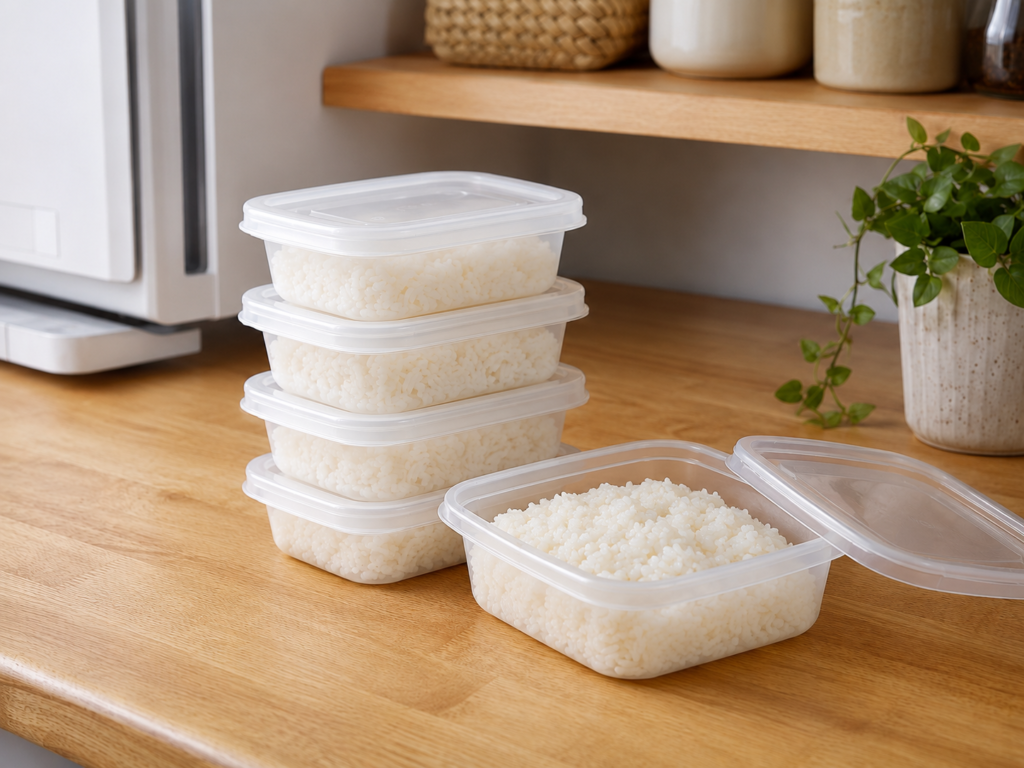 炊いたごはんを1食分ずつ入れた透明な冷凍ごはん保存容器