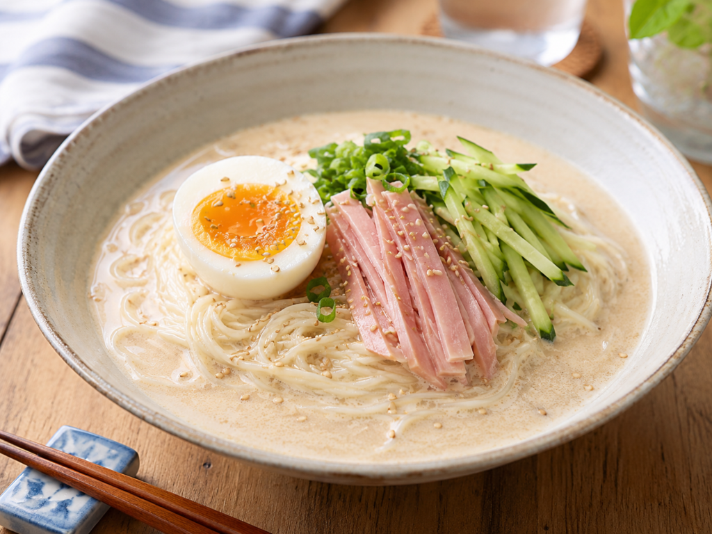 まろやかなごま豆乳スープのそうめんに、きゅうり、ハム、半熟ゆで卵、小ねぎをトッピングしたごま豆乳そうめん