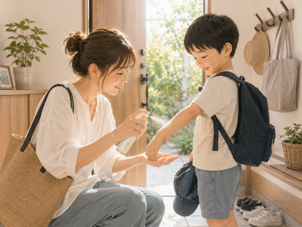 夏のお出かけ前に、玄関で母親が子どもの腕にスプレータイプの日焼け止めを使っている様子。