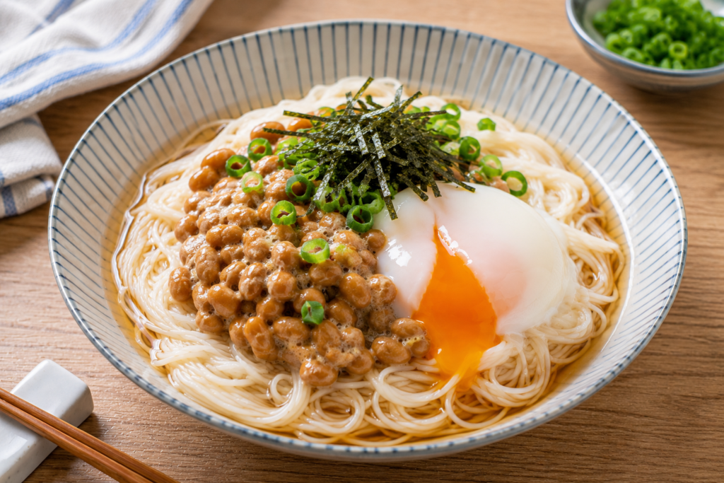 冷たいそうめんに豚しゃぶ、レタス、きゅうり、にんじん、ミニトマトをたっぷりのせた豚しゃぶサラダそうめん