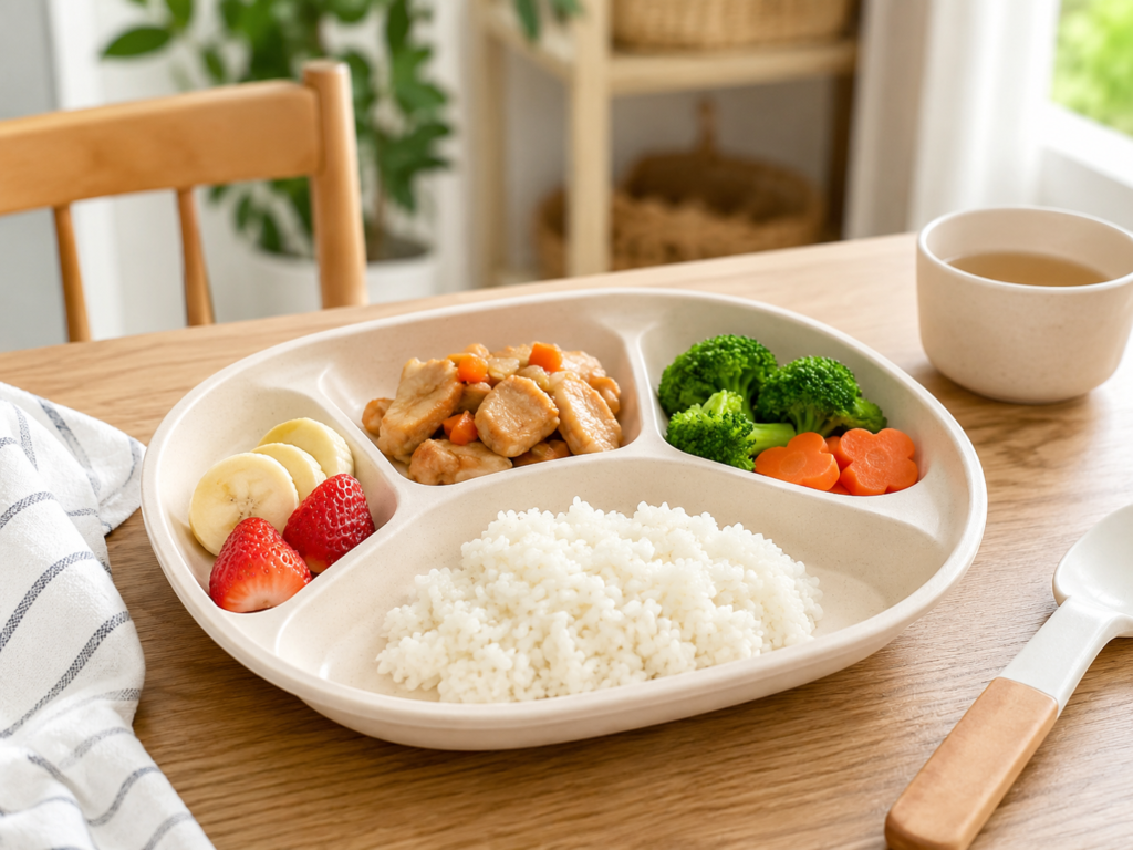 ごはん、鶏肉、ブロッコリー、にんじん、いちご、バナナを盛り付けた子ども向けの仕切り付きワンプレート皿