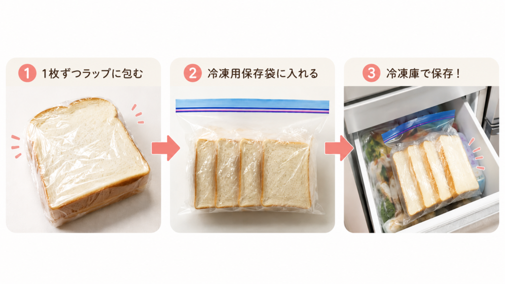 食パンを1枚ずつラップで包み、冷凍用保存袋に入れて冷凍庫で保存する手順