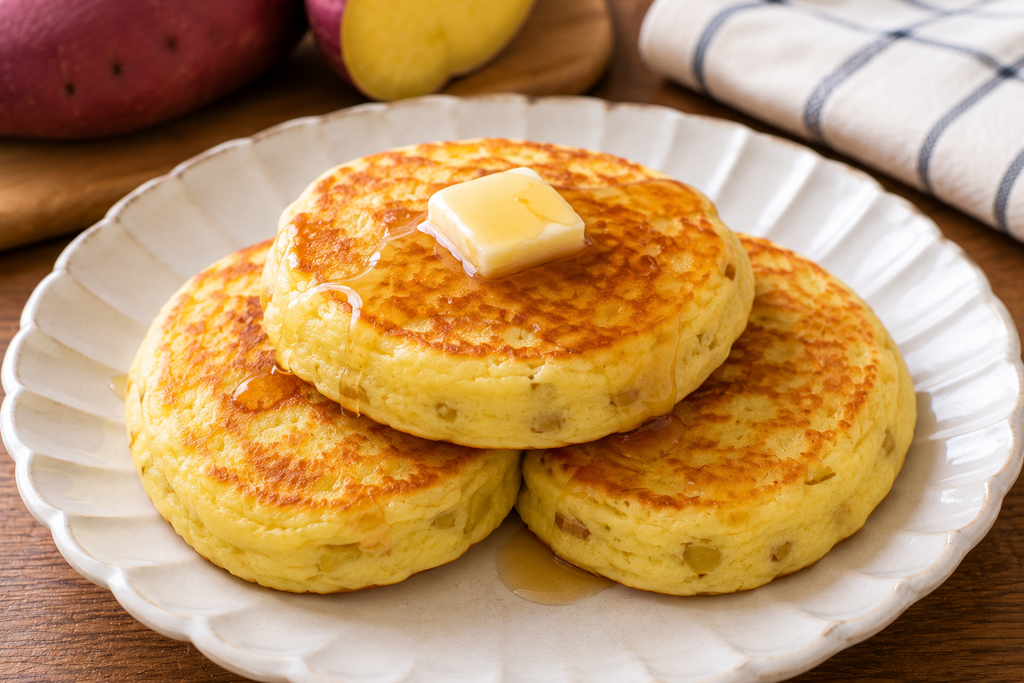 バターをのせた、ふんわり厚焼きのさつまいもパンケーキ