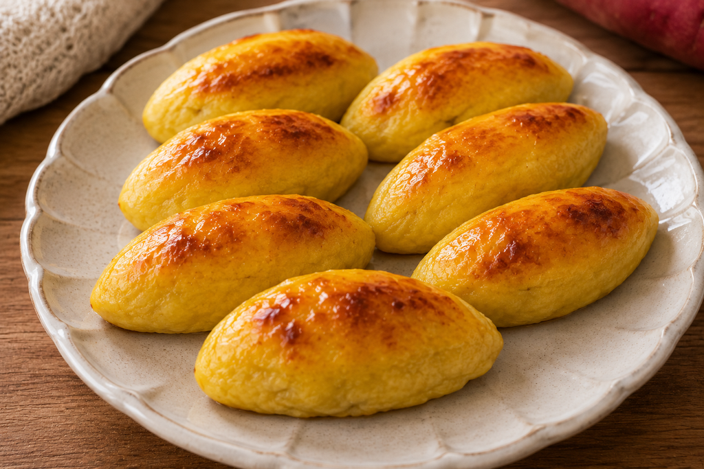 こんがり焼き色をつけた手作りスイートポテトを皿に盛り付けた秋のおやつ