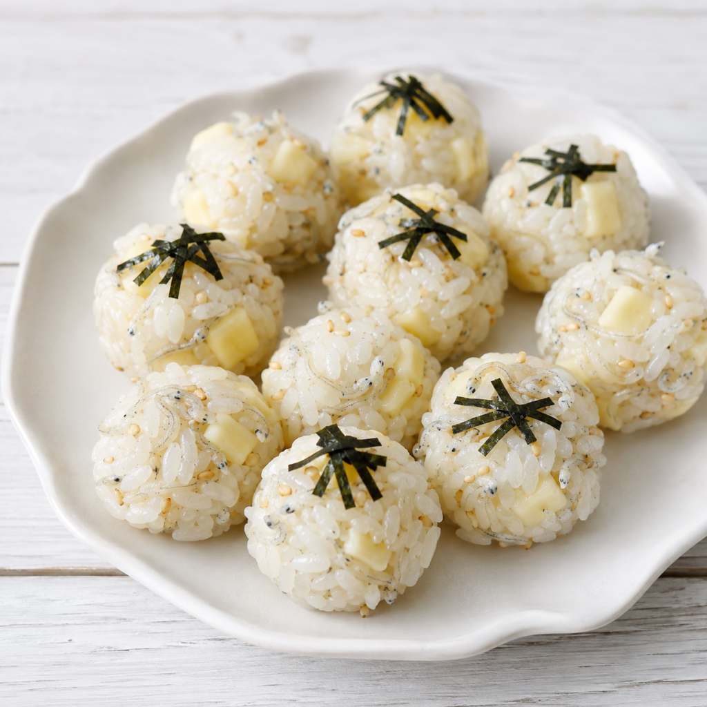 しらすとチーズ、白ごま、刻みのりを混ぜた小学生向けのひと口おにぎり