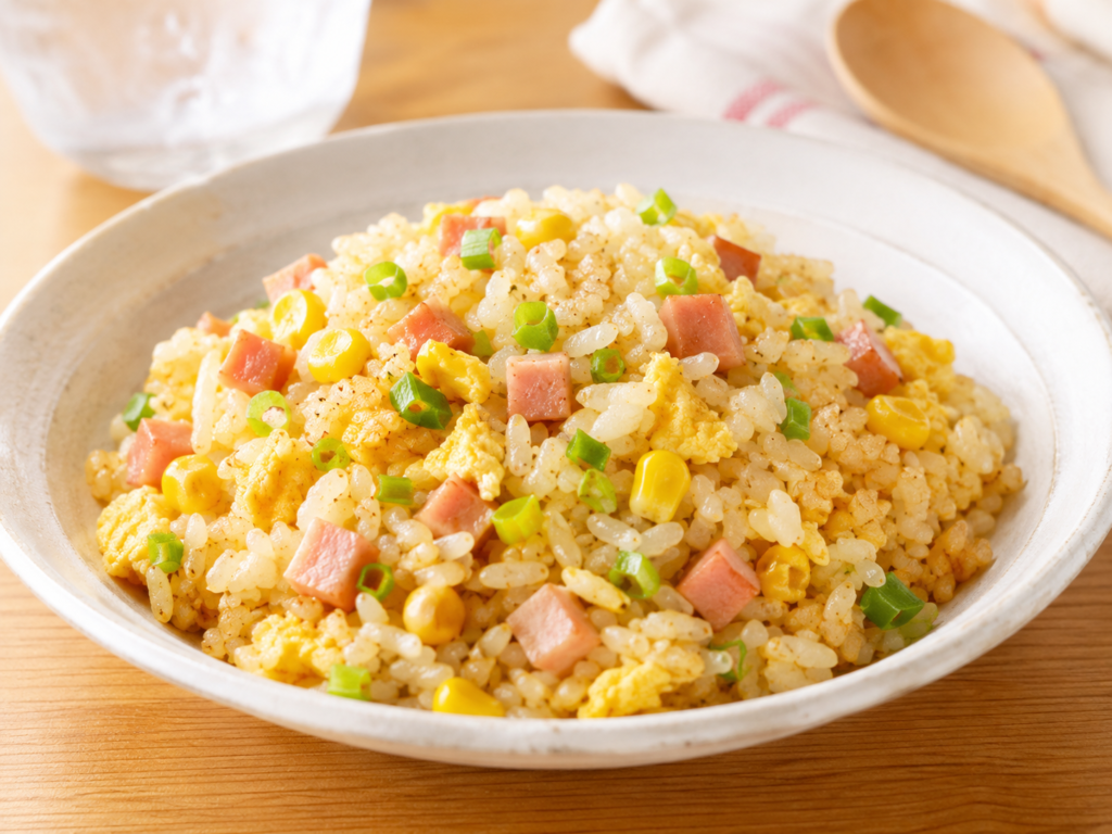 夏休みの昼ごはんにおすすめのハム・卵・コーン・ねぎ入り簡単チャーハン