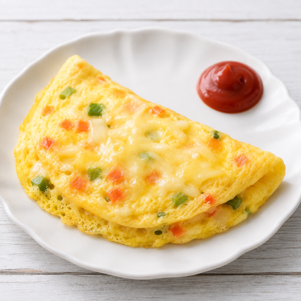 チーズとミックスベジタブルを入れた小学生向けの簡単オムレツ
