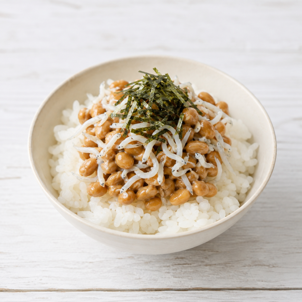 納豆としらす、刻みのりをのせた小学生向けの簡単朝ごはん