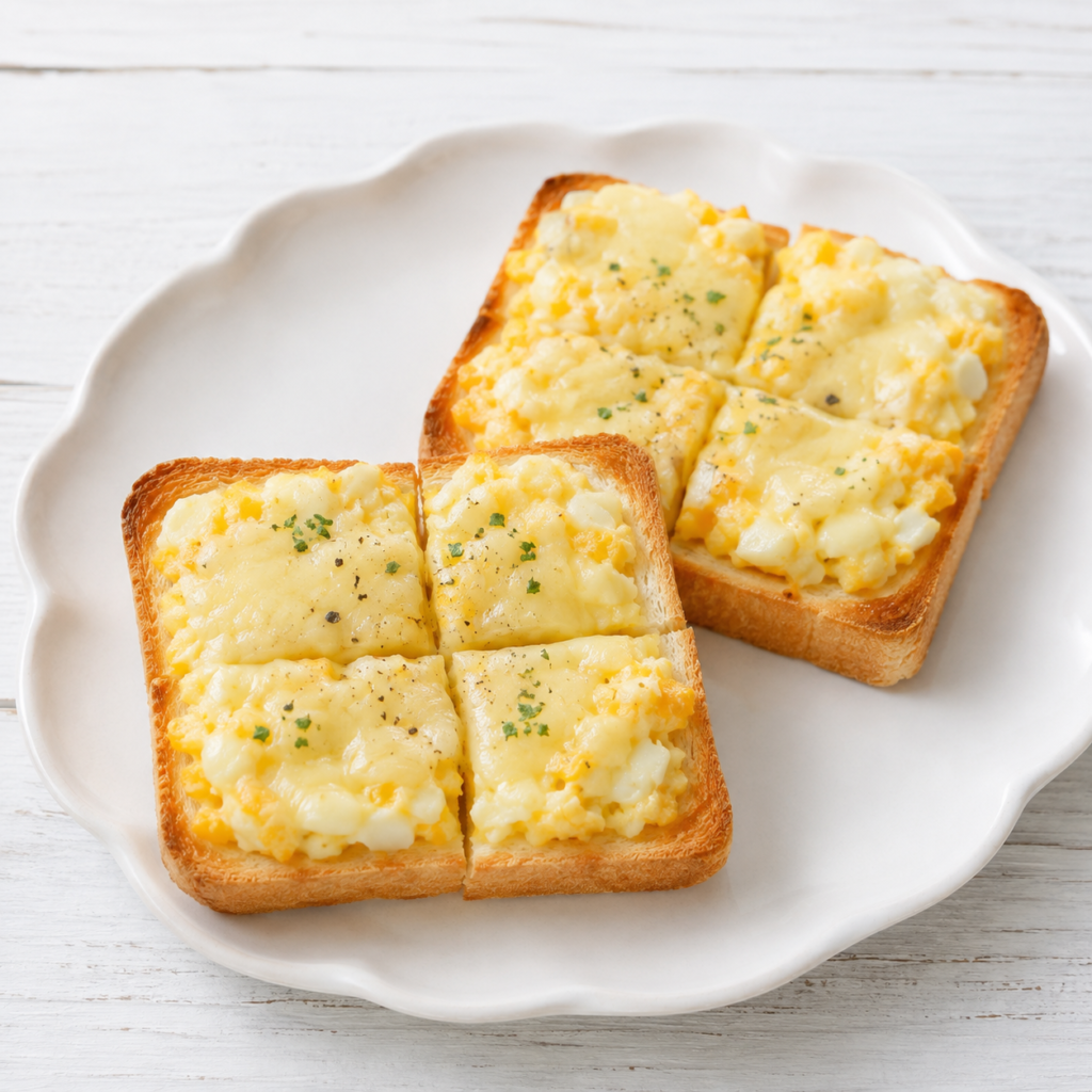 ゆで卵とチーズをのせて焼いた小学生向けのたまごチーズトースト