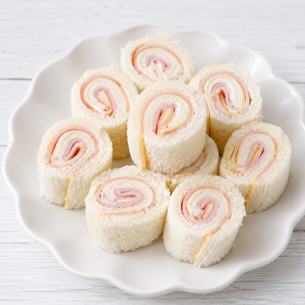 ハムとチーズを食パンでくるくる巻いた小学生向けのロールサンド