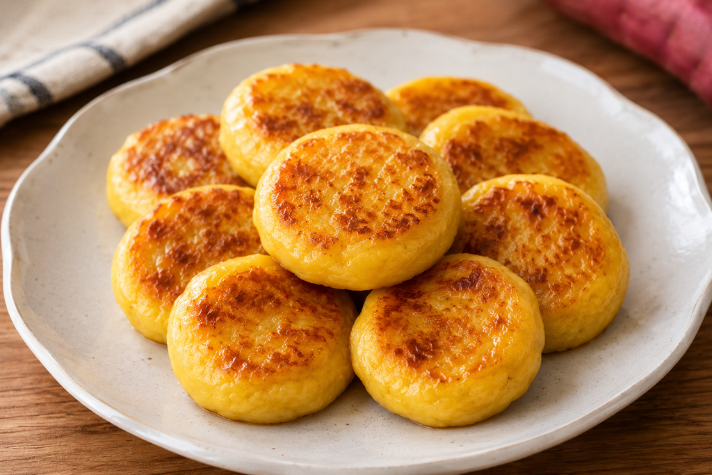 もちもち食感のさつまいももちを皿に盛り付けた簡単おやつ